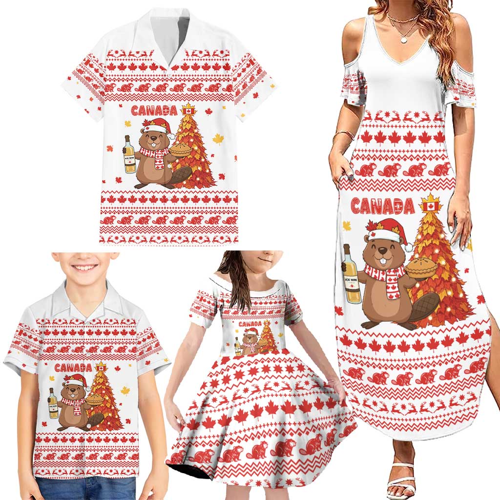 Canada Christmas Family Matching Summer Maxi Dress and Hawaiian Shirt with Beaver Maple Tree Ice Wine Pie and Red White Knit Pattern Design - Wonder Print Shop