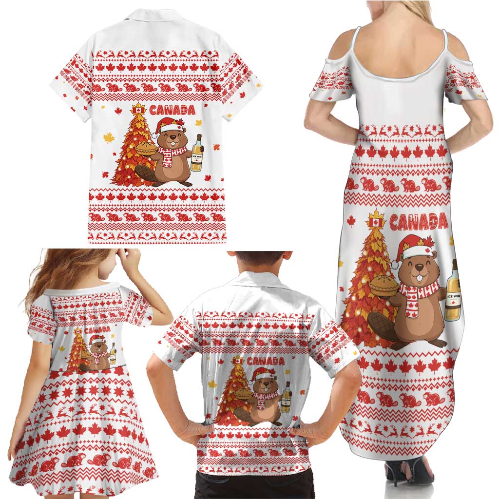 Canada Christmas Family Matching Summer Maxi Dress and Hawaiian Shirt with Beaver Maple Tree Ice Wine Pie and Red White Knit Pattern Design - Wonder Print Shop