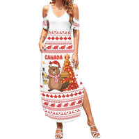 Canada Christmas Family Matching Summer Maxi Dress and Hawaiian Shirt with Beaver Maple Tree Ice Wine Pie and Red White Knit Pattern Design - Wonder Print Shop