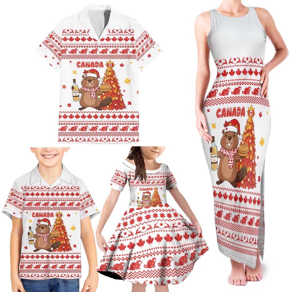 Canada Christmas Family Matching Tank Maxi Dress and Hawaiian Shirt with Beaver Maple Tree Ice Wine Pie and Red White Knit Pattern Design - Wonder Print Shop