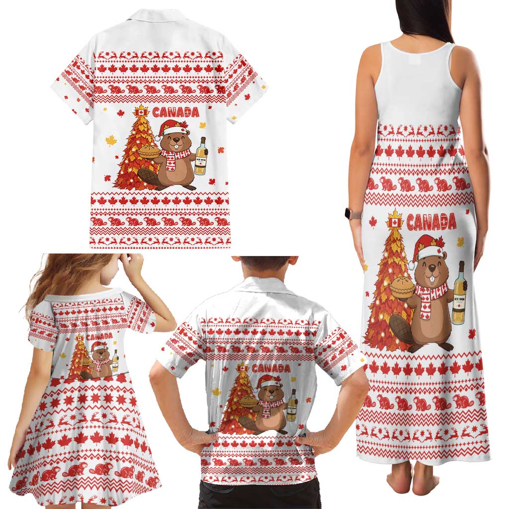 Canada Christmas Family Matching Tank Maxi Dress and Hawaiian Shirt with Beaver Maple Tree Ice Wine Pie and Red White Knit Pattern Design - Wonder Print Shop