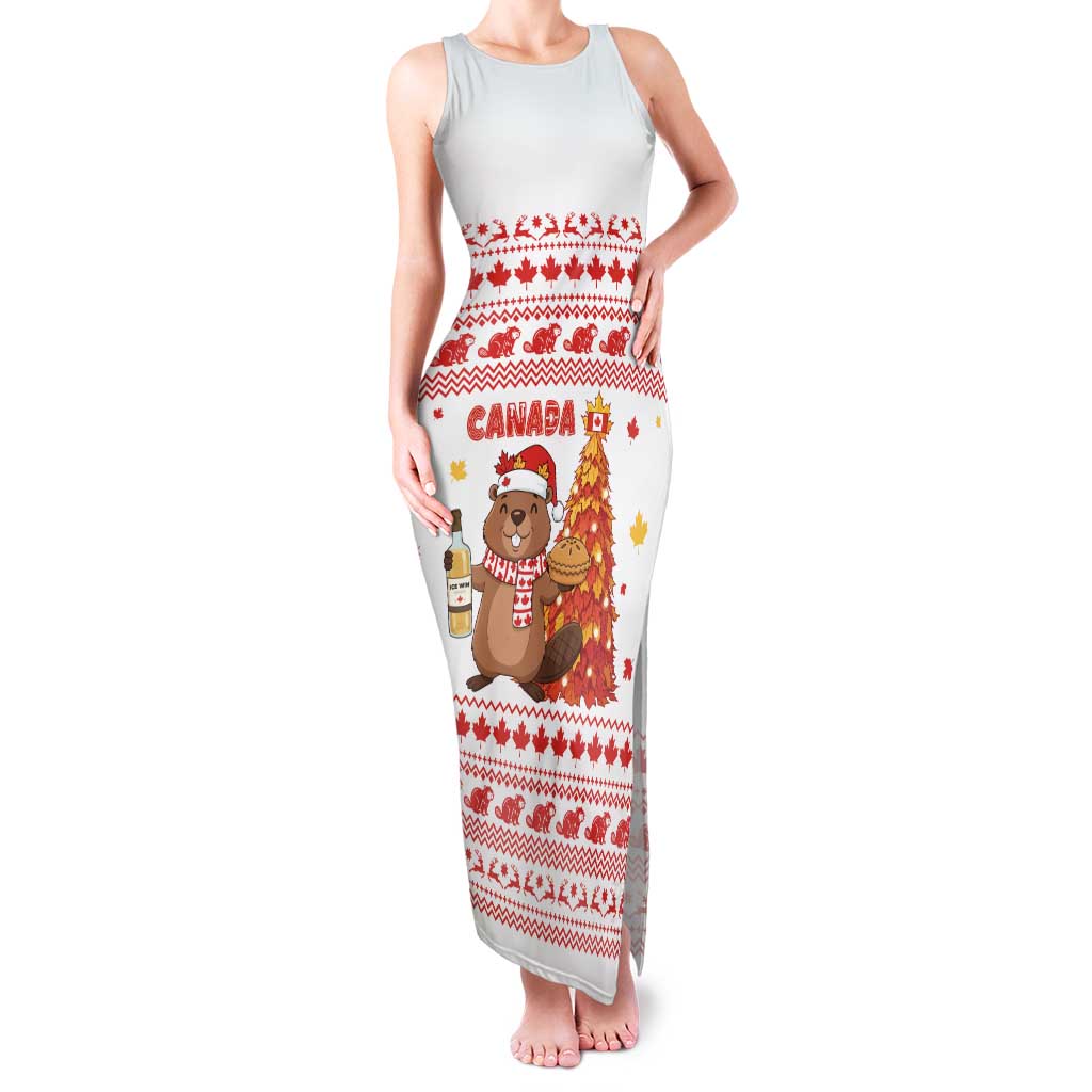 Canada Christmas Family Matching Tank Maxi Dress and Hawaiian Shirt with Beaver Maple Tree Ice Wine Pie and Red White Knit Pattern Design - Wonder Print Shop