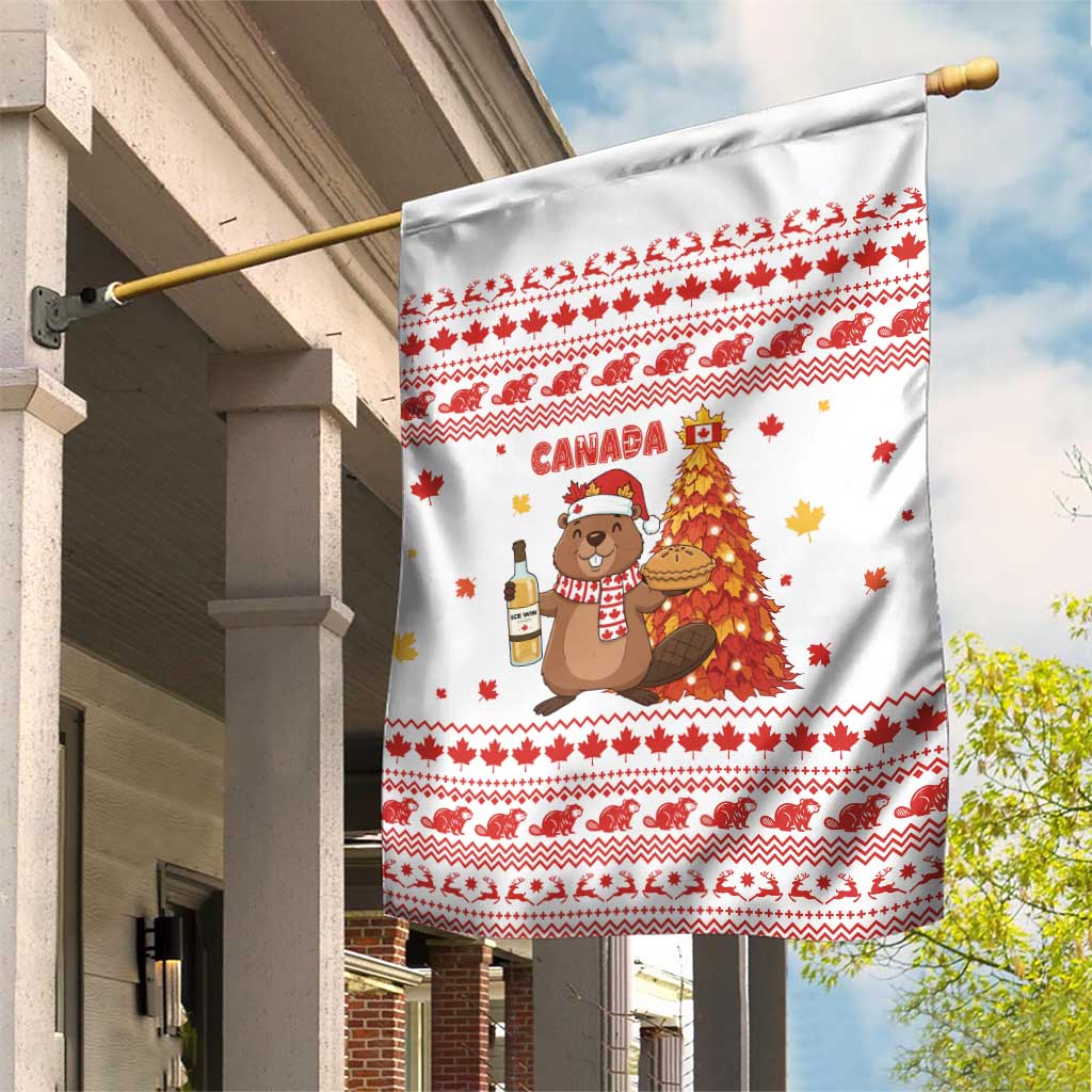 Canada Christmas Garden Flag with Beaver Maple Tree Ice Wine Pie and Red White Knit Pattern Design - Wonder Print Shop