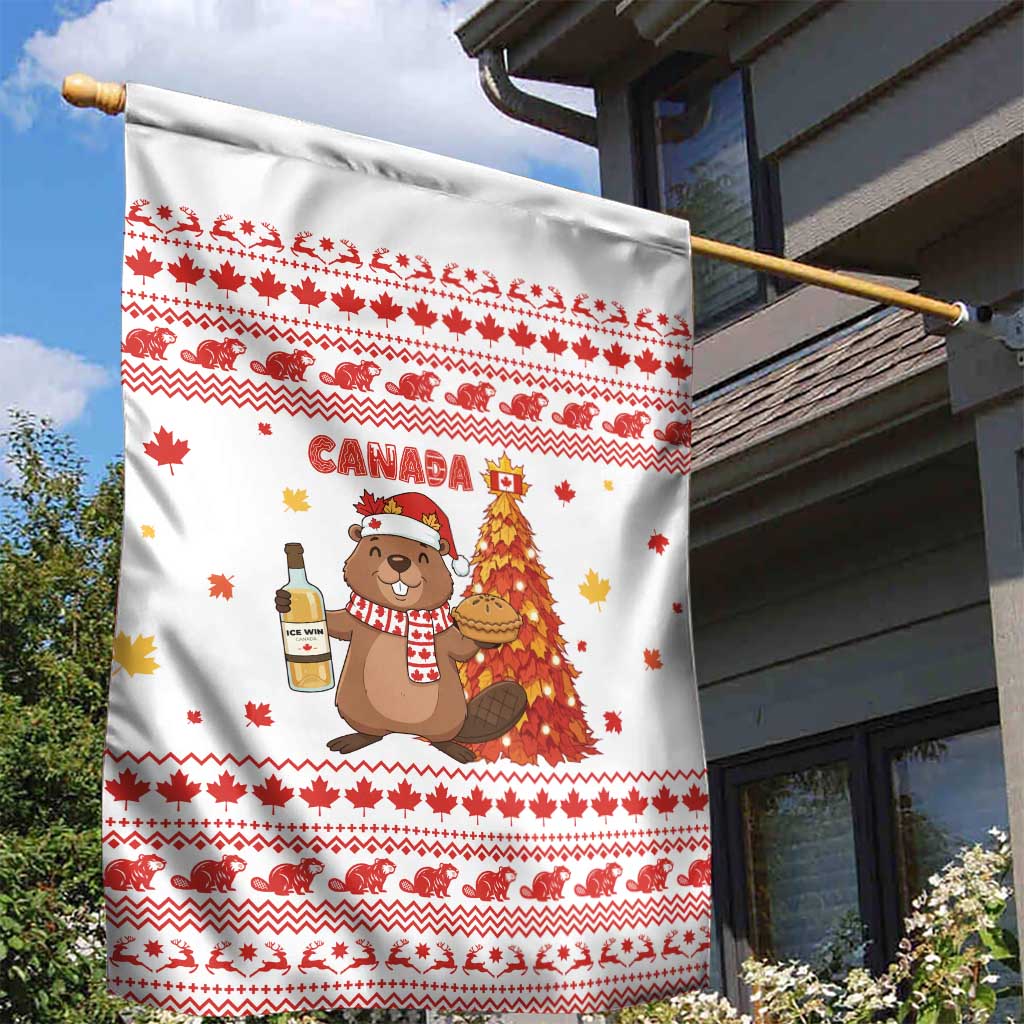 Canada Christmas Garden Flag with Beaver Maple Tree Ice Wine Pie and Red White Knit Pattern Design - Wonder Print Shop