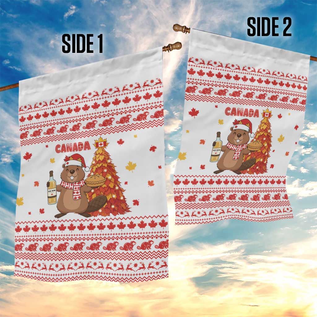Canada Christmas Garden Flag with Beaver Maple Tree Ice Wine Pie and Red White Knit Pattern Design - Wonder Print Shop
