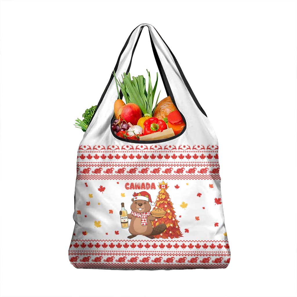 Canada Christmas Grocery Bag with Beaver Maple Tree Ice Wine Pie and Red White Knit Pattern Design - Wonder Print Shop