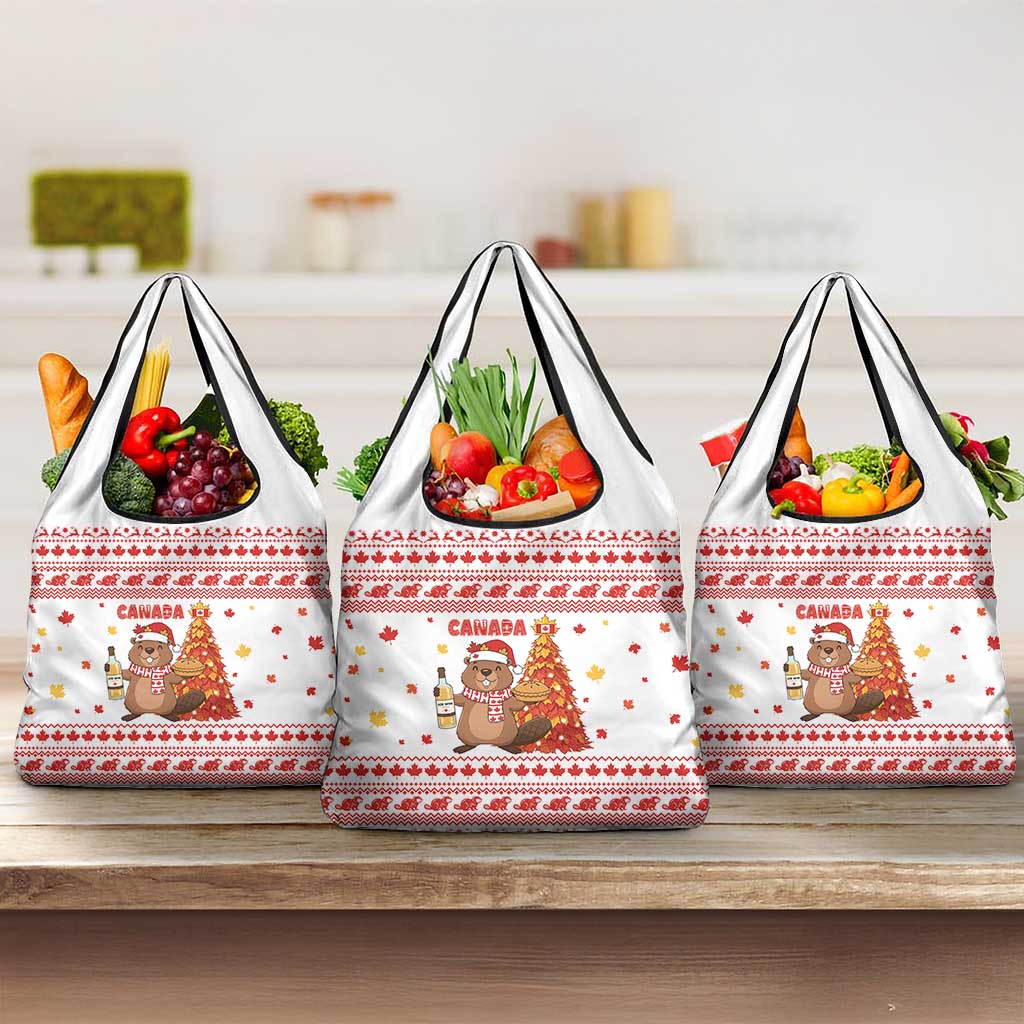 Canada Christmas Grocery Bag with Beaver Maple Tree Ice Wine Pie and Red White Knit Pattern Design - Wonder Print Shop
