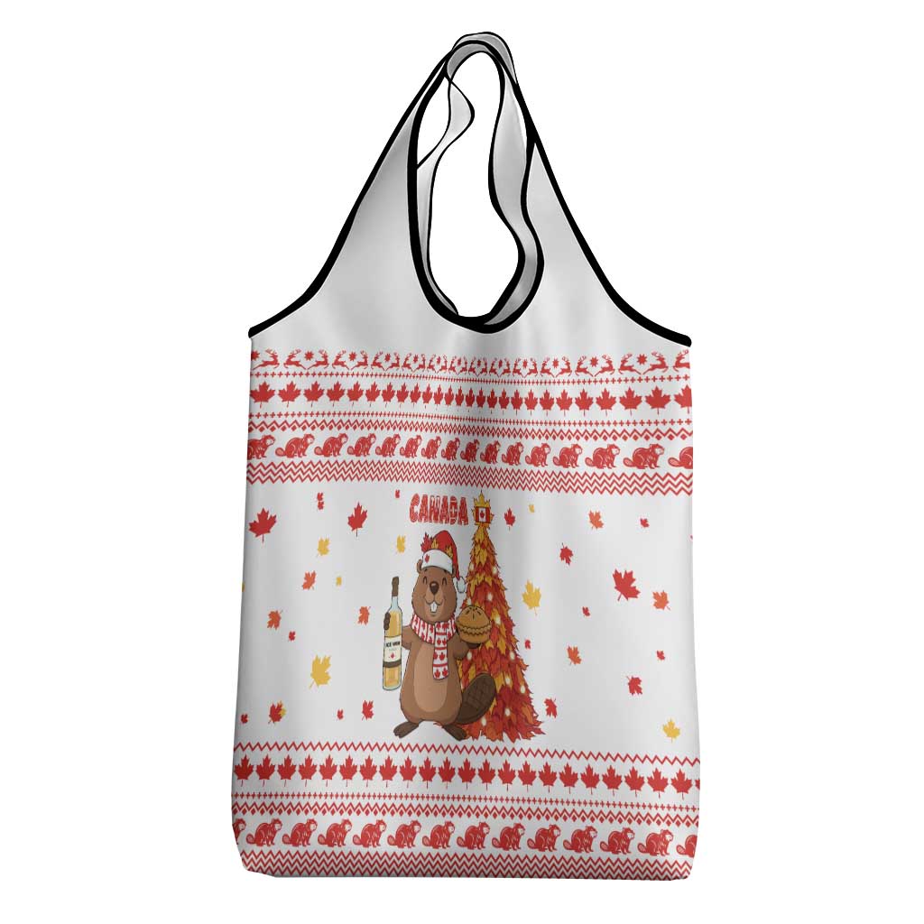Canada Christmas Grocery Bag with Beaver Maple Tree Ice Wine Pie and Red White Knit Pattern Design - Wonder Print Shop