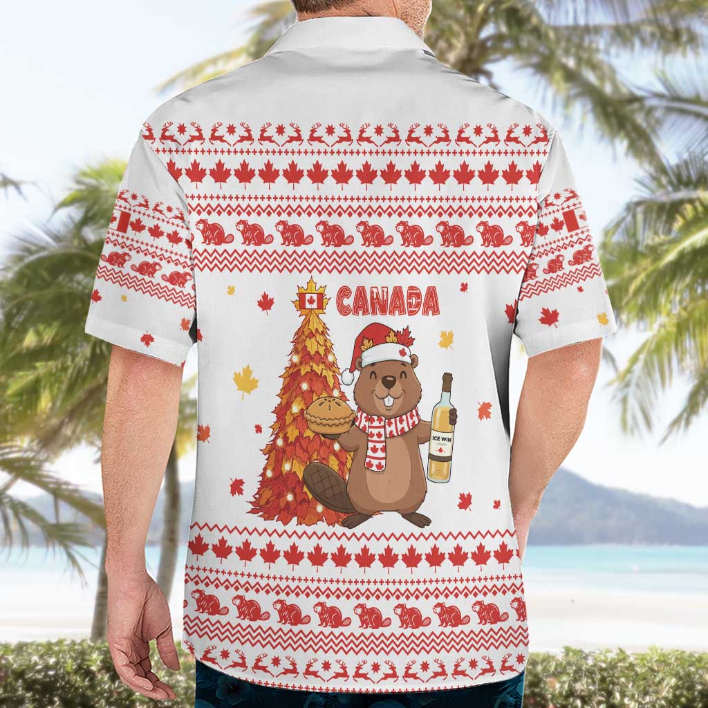 Canada Christmas Hawaiian Shirt with Beaver Maple Tree Ice Wine Pie and Red White Knit Pattern Design - Wonder Print Shop