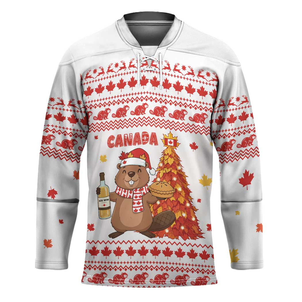 Canada Christmas Hockey Jersey with Beaver Maple Tree Ice Wine Pie and Red White Knit Pattern Design - Wonder Print Shop
