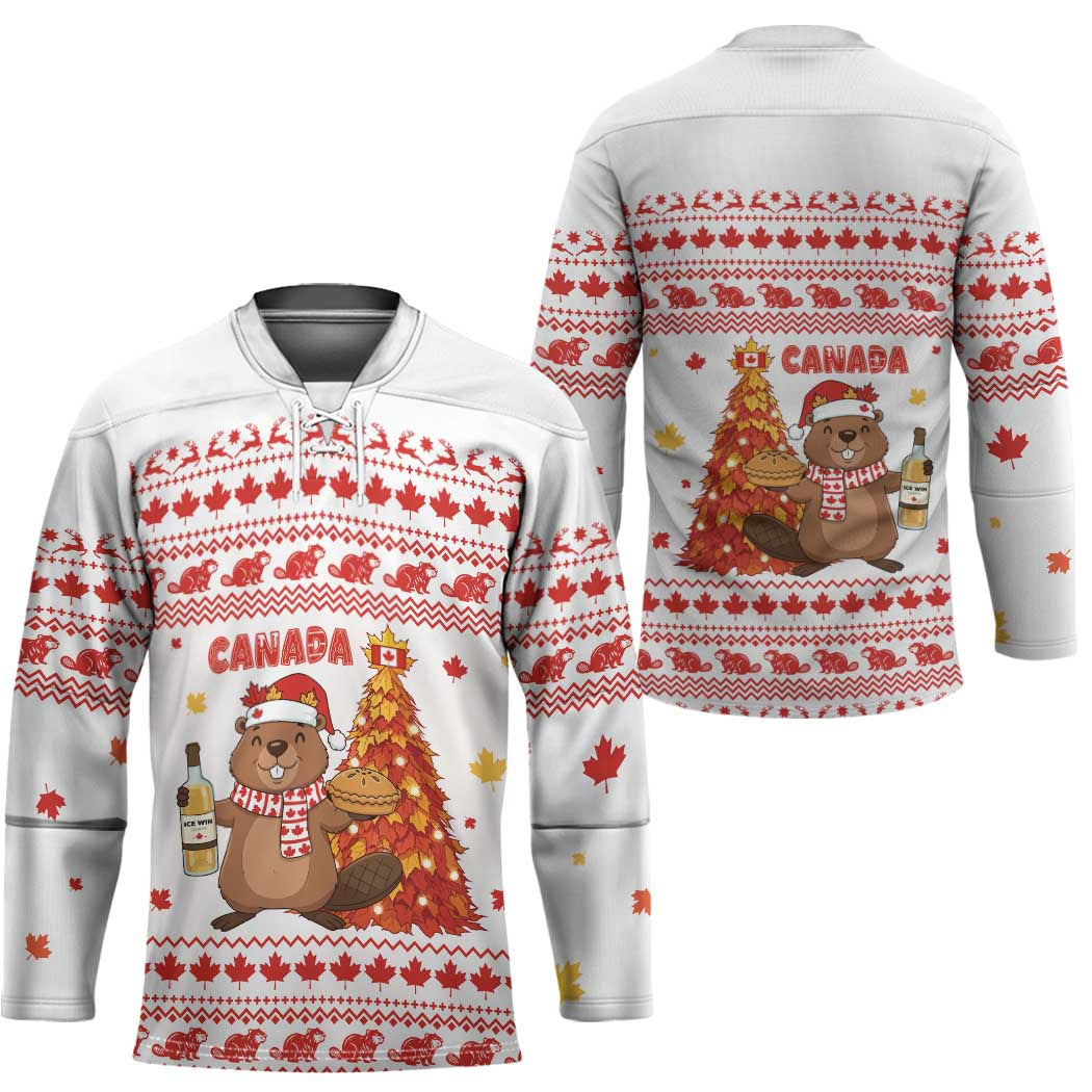 Canada Christmas Hockey Jersey with Beaver Maple Tree Ice Wine Pie and Red White Knit Pattern Design - Wonder Print Shop
