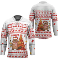 Canada Christmas Hockey Jersey with Beaver Maple Tree Ice Wine Pie and Red White Knit Pattern Design - Wonder Print Shop