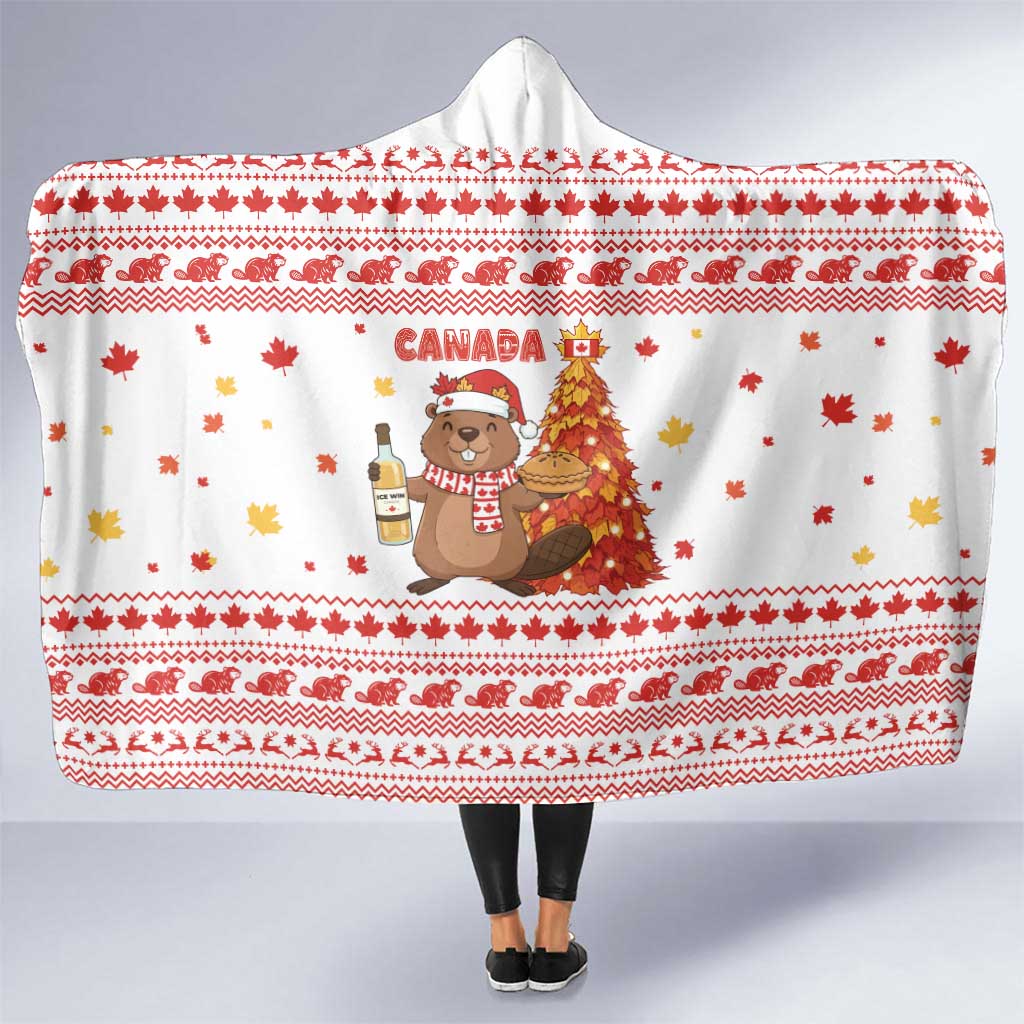 Canada Christmas Hooded Blanket with Beaver Maple Tree Ice Wine Pie and Red White Knit Pattern Design - Wonder Print Shop