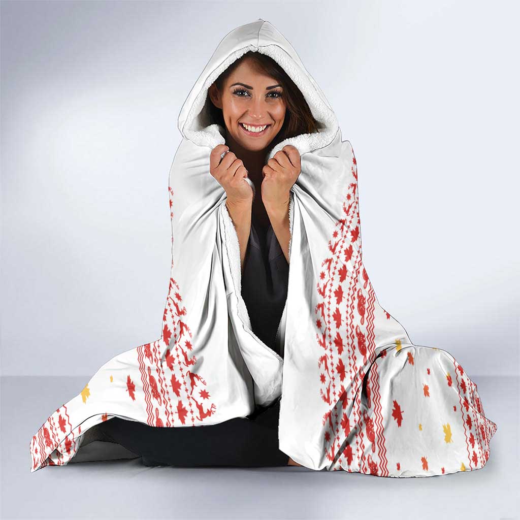 Canada Christmas Hooded Blanket with Beaver Maple Tree Ice Wine Pie and Red White Knit Pattern Design - Wonder Print Shop