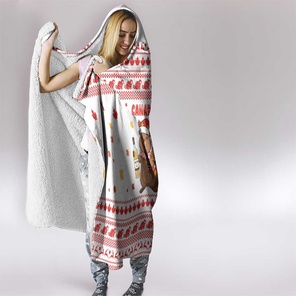 Canada Christmas Hooded Blanket with Beaver Maple Tree Ice Wine Pie and Red White Knit Pattern Design - Wonder Print Shop