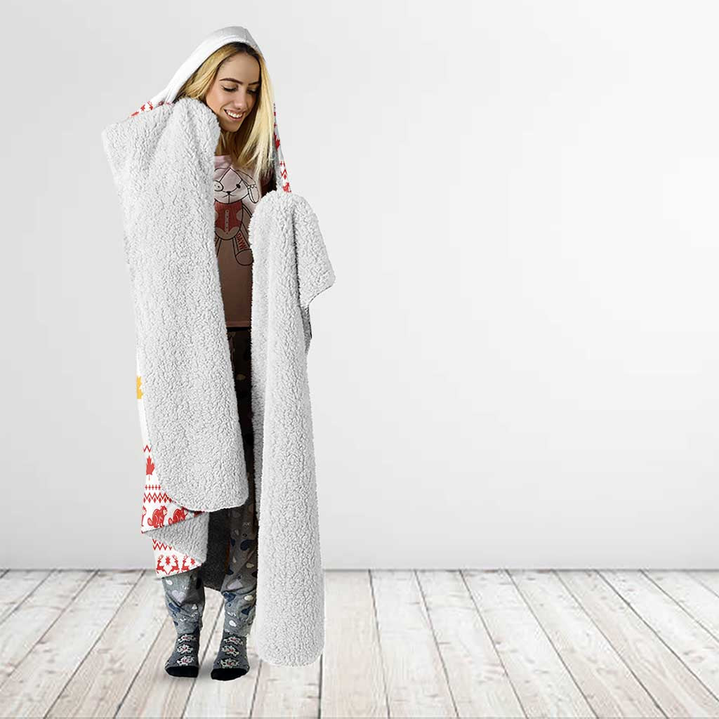 Canada Christmas Hooded Blanket with Beaver Maple Tree Ice Wine Pie and Red White Knit Pattern Design - Wonder Print Shop