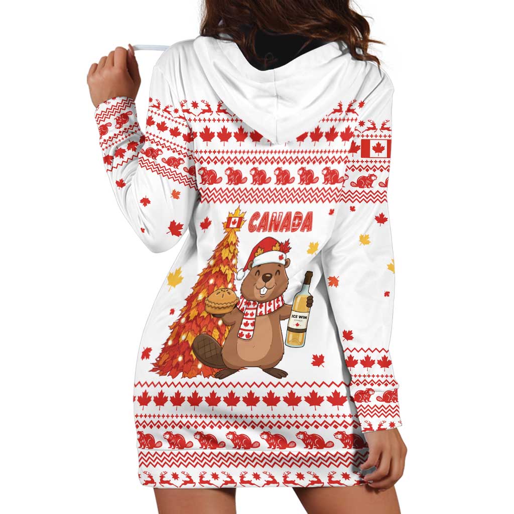 Canada Christmas Hoodie Dress with Beaver Maple Tree Ice Wine Pie and Red White Knit Pattern Design - Wonder Print Shop