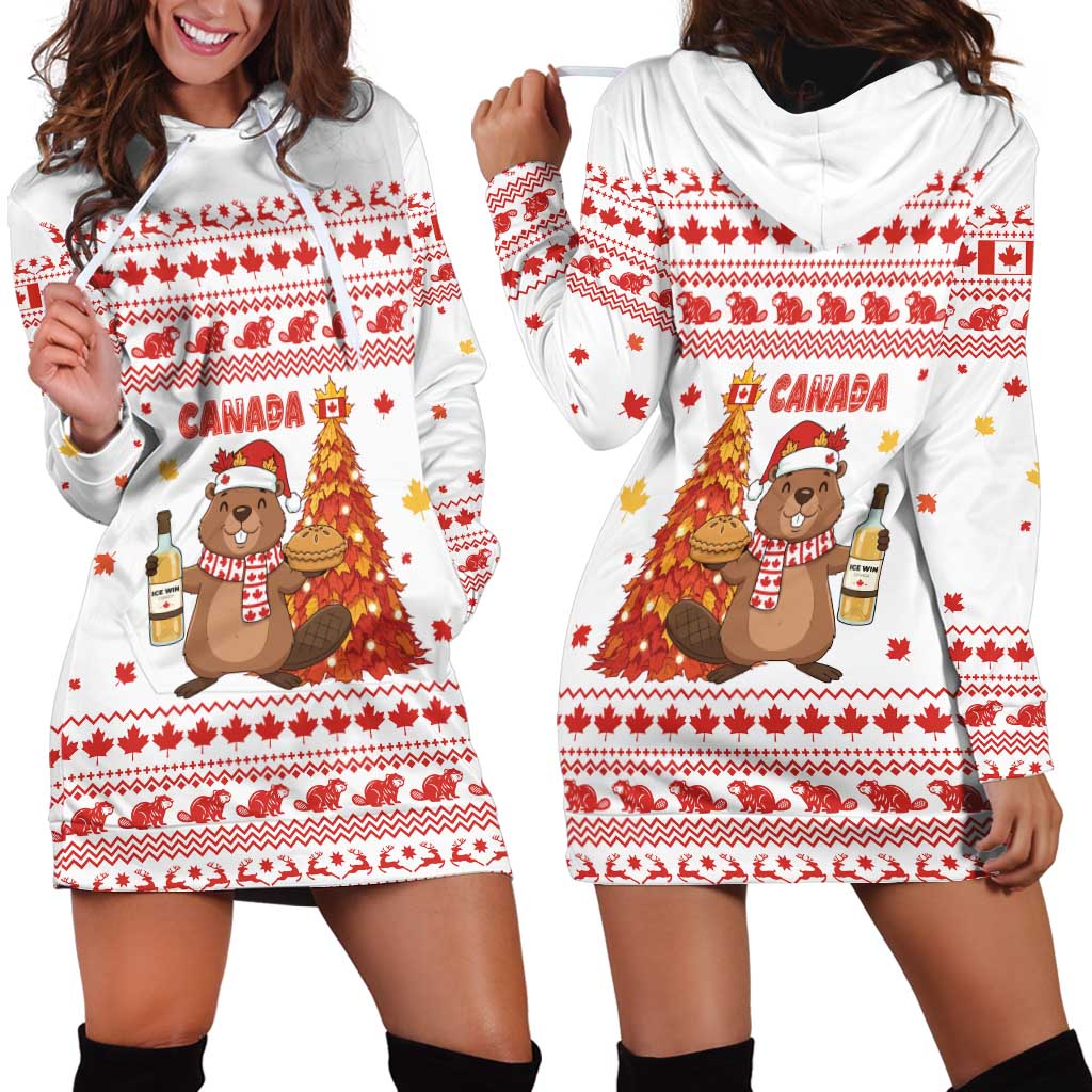 Canada Christmas Hoodie Dress with Beaver Maple Tree Ice Wine Pie and Red White Knit Pattern Design - Wonder Print Shop