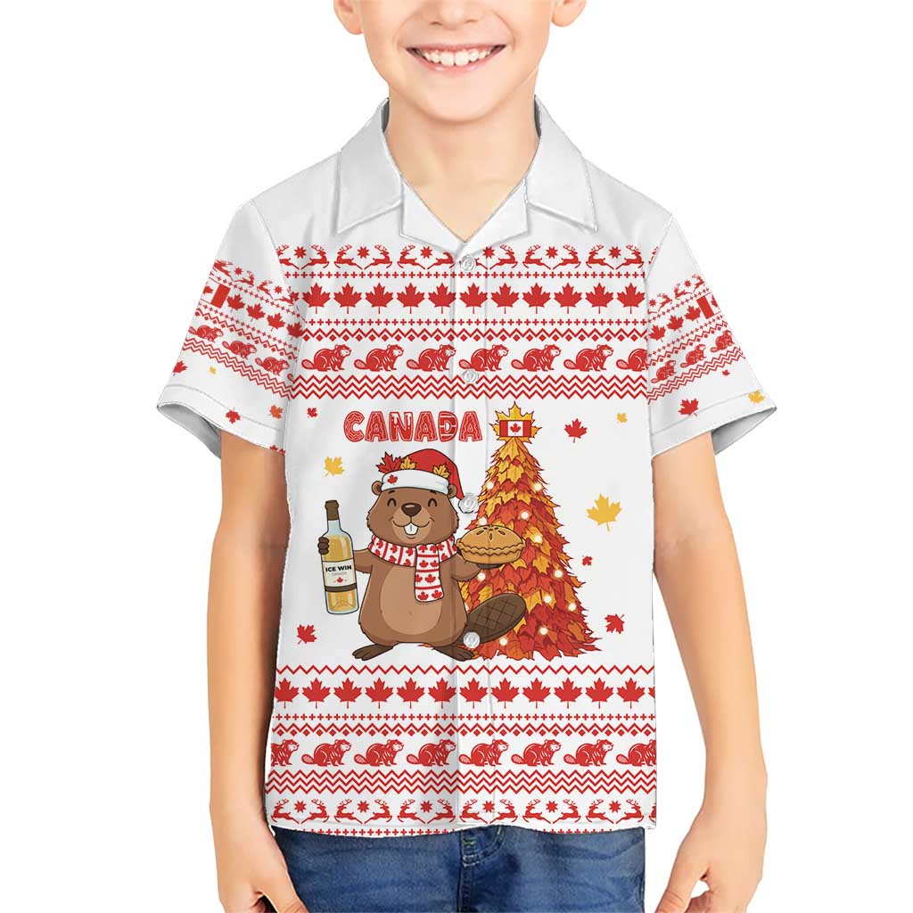 Canada Christmas Kid Hawaiian Shirt with Beaver Maple Tree Ice Wine Pie and Red White Knit Pattern Design - Wonder Print Shop