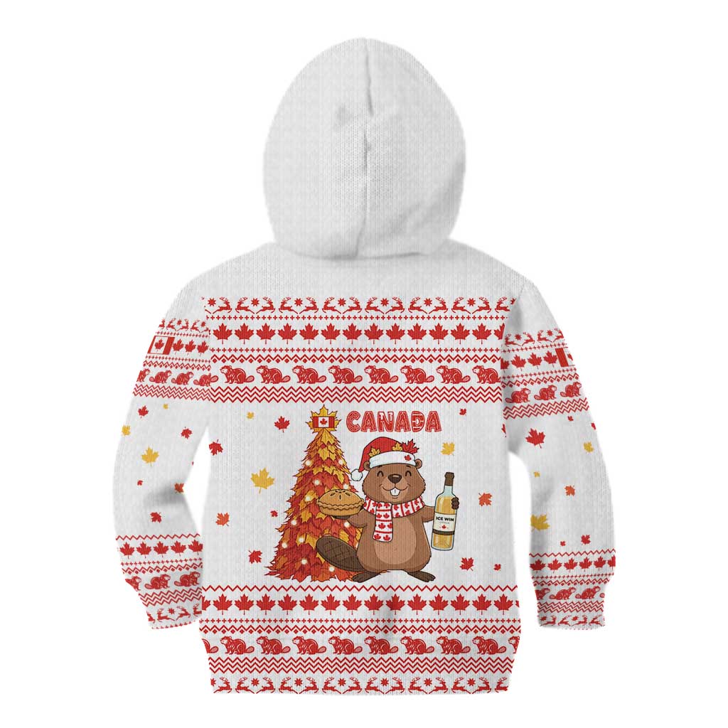 Canada Christmas Kid Hoodie with Beaver Maple Tree Ice Wine Pie and Red White Knit Pattern Design - Wonder Print Shop