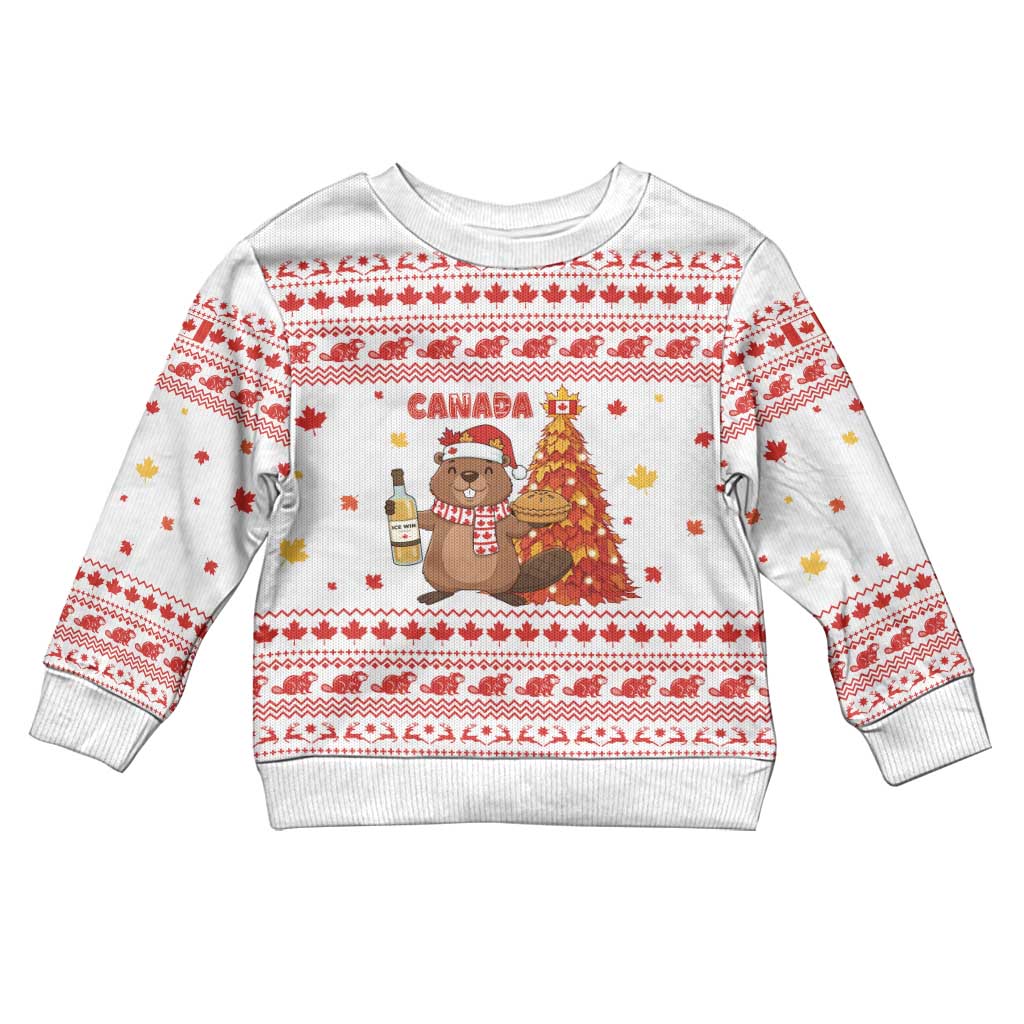 Canada Christmas Kid Ugly Christmas Sweater with Beaver Maple Tree Ice Wine Pie and Red White Knit Pattern Design - Wonder Print Shop