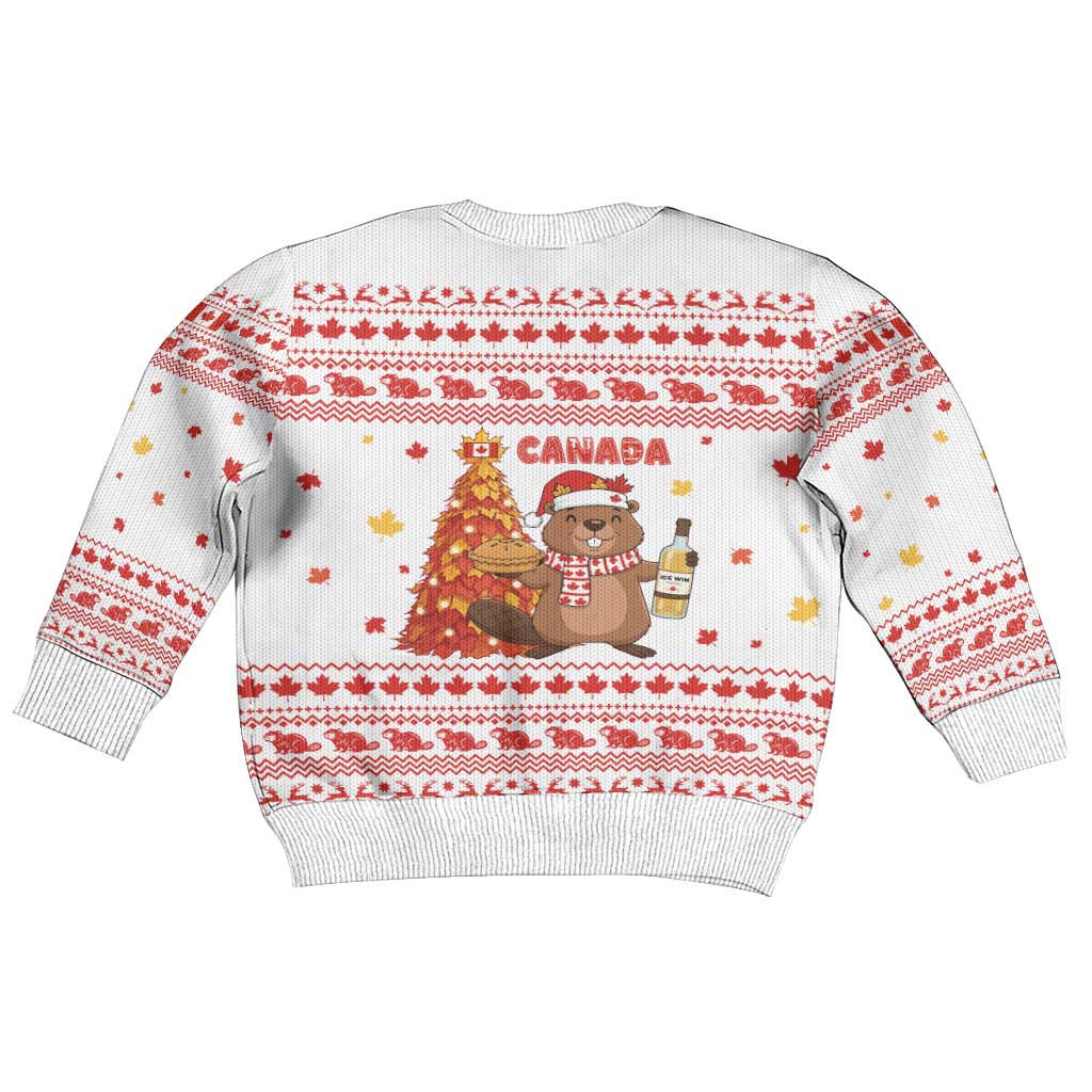 Canada Christmas Kid Ugly Christmas Sweater with Beaver Maple Tree Ice Wine Pie and Red White Knit Pattern Design - Wonder Print Shop