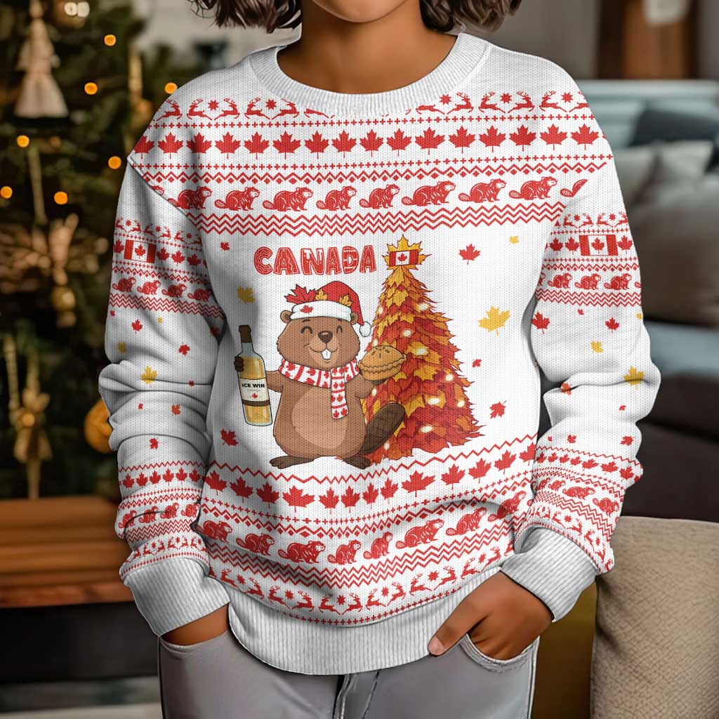 Canada Christmas Kid Ugly Christmas Sweater with Beaver Maple Tree Ice Wine Pie and Red White Knit Pattern Design - Wonder Print Shop