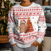 Canada Christmas Kid Ugly Christmas Sweater with Beaver Maple Tree Ice Wine Pie and Red White Knit Pattern Design - Wonder Print Shop