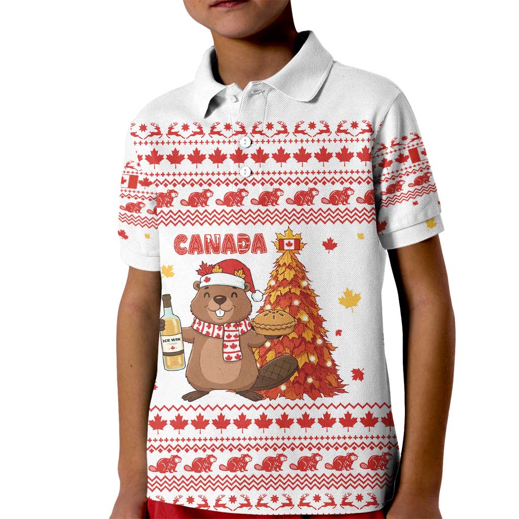 Canada Christmas Kid Polo Shirt with Beaver Maple Tree Ice Wine Pie and Red White Knit Pattern Design - Wonder Print Shop
