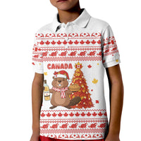 Canada Christmas Kid Polo Shirt with Beaver Maple Tree Ice Wine Pie and Red White Knit Pattern Design - Wonder Print Shop