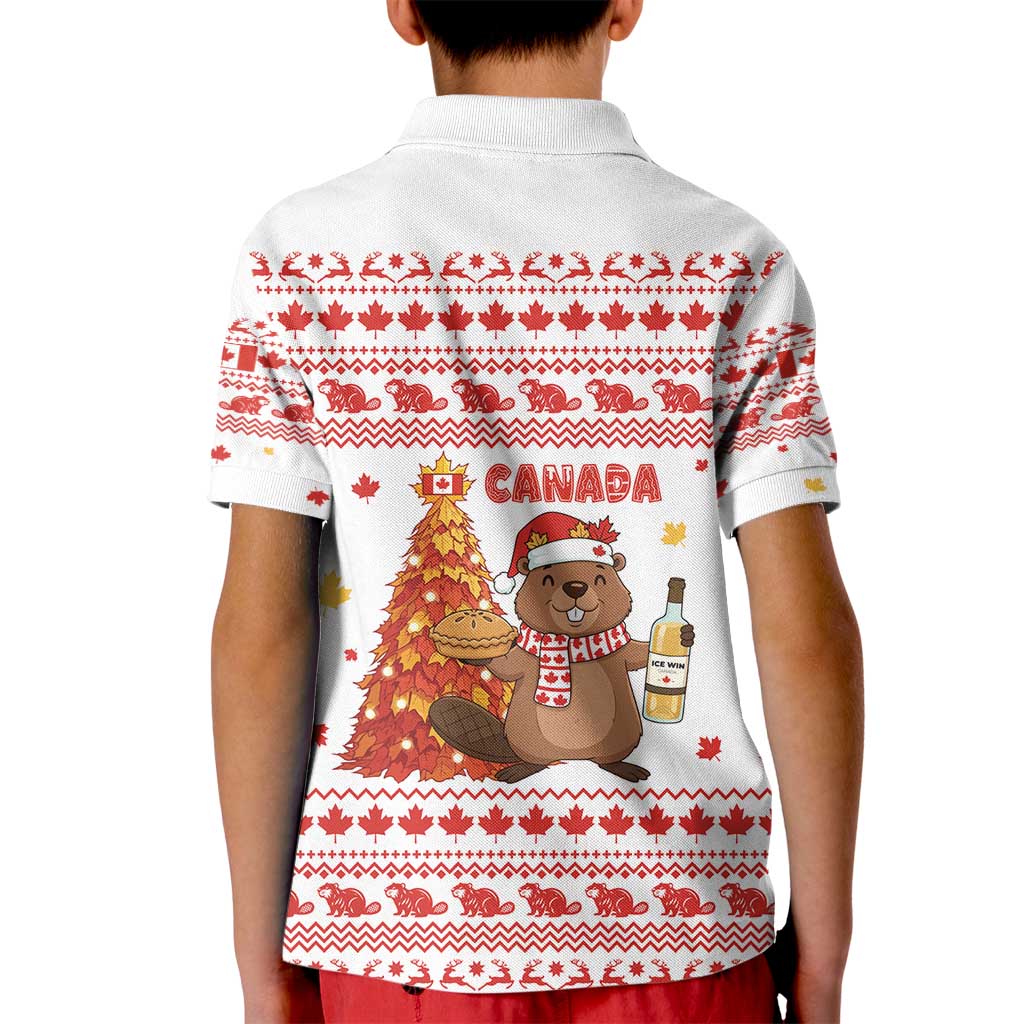 Canada Christmas Kid Polo Shirt with Beaver Maple Tree Ice Wine Pie and Red White Knit Pattern Design - Wonder Print Shop