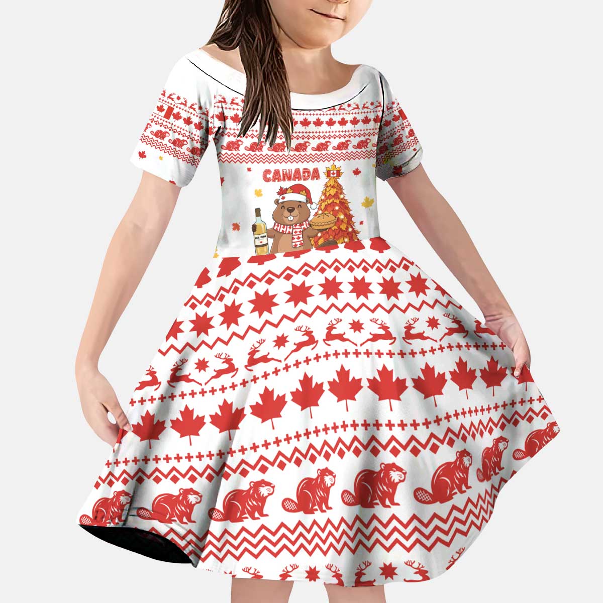 Canada Christmas Kid Short Sleeve Dress with Beaver Maple Tree Ice Wine Pie and Red White Knit Pattern Design - Wonder Print Shop