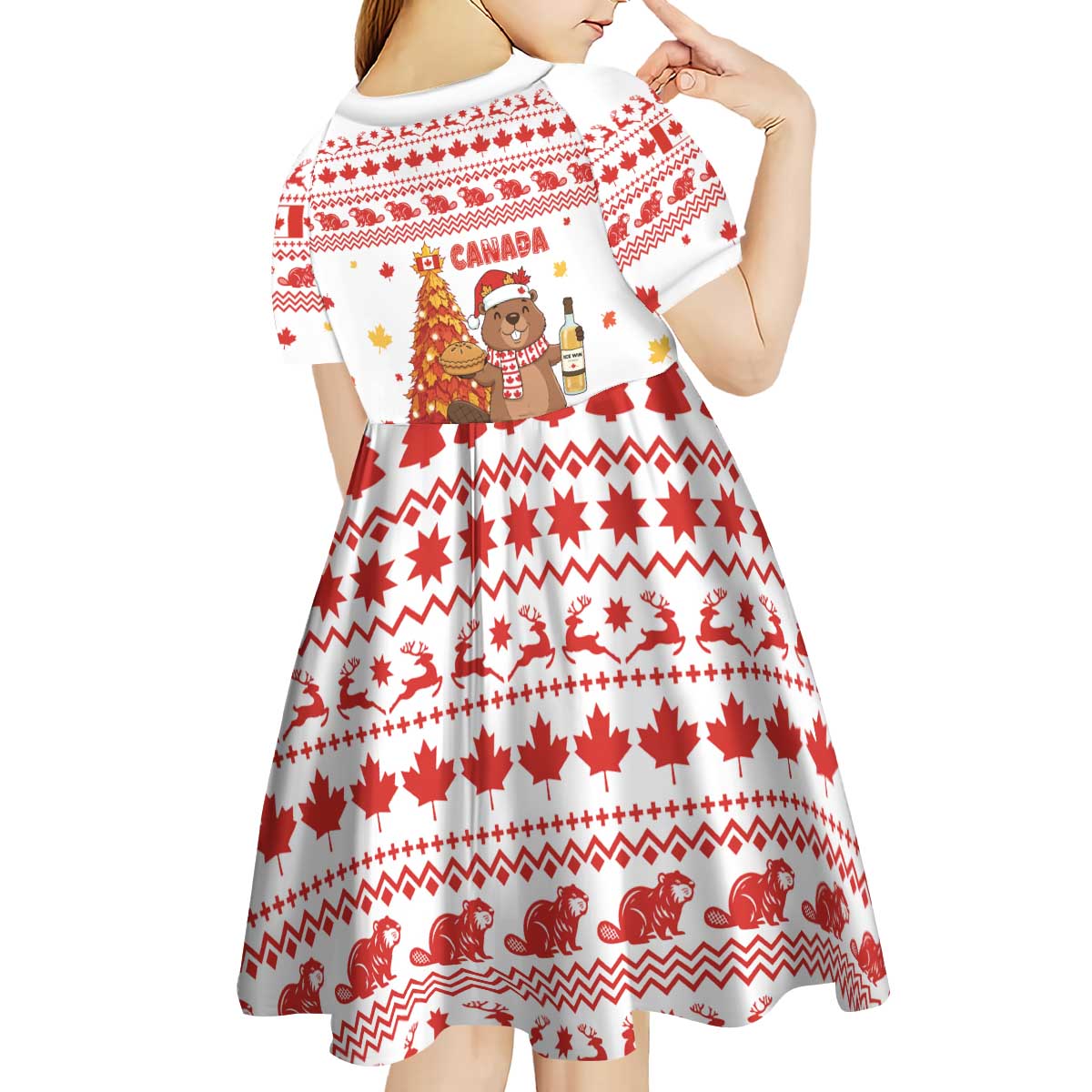 Canada Christmas Kid Short Sleeve Dress with Beaver Maple Tree Ice Wine Pie and Red White Knit Pattern Design - Wonder Print Shop