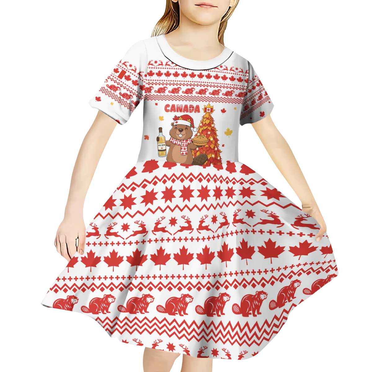 Canada Christmas Kid Short Sleeve Dress with Beaver Maple Tree Ice Wine Pie and Red White Knit Pattern Design - Wonder Print Shop
