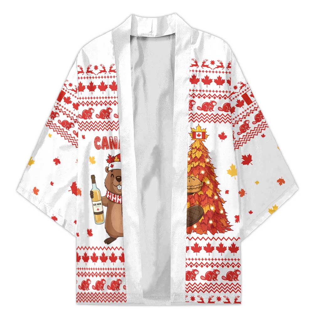 Canada Christmas Kimono with Beaver Maple Tree Ice Wine Pie and Red White Knit Pattern Design - Wonder Print Shop