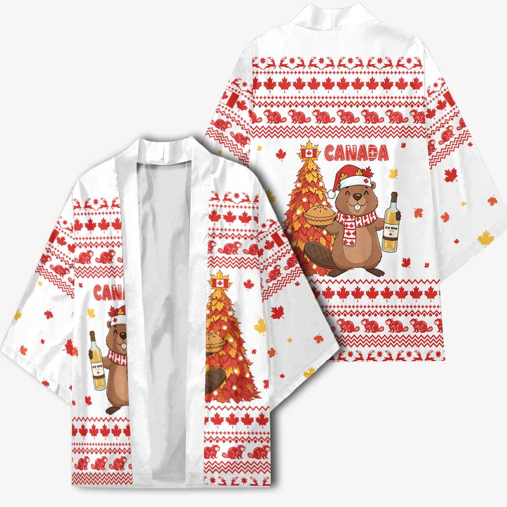Canada Christmas Kimono with Beaver Maple Tree Ice Wine Pie and Red White Knit Pattern Design - Wonder Print Shop