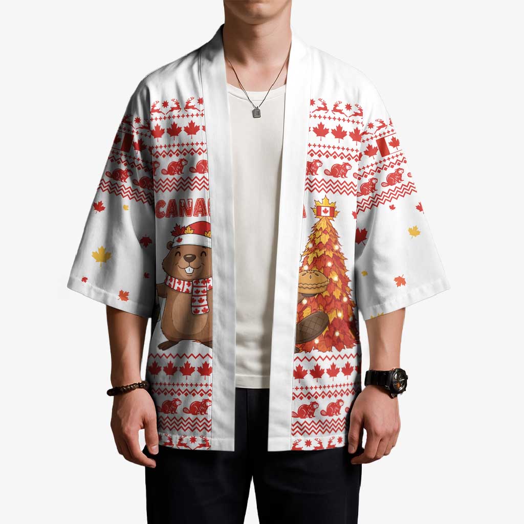 Canada Christmas Kimono with Beaver Maple Tree Ice Wine Pie and Red White Knit Pattern Design - Wonder Print Shop