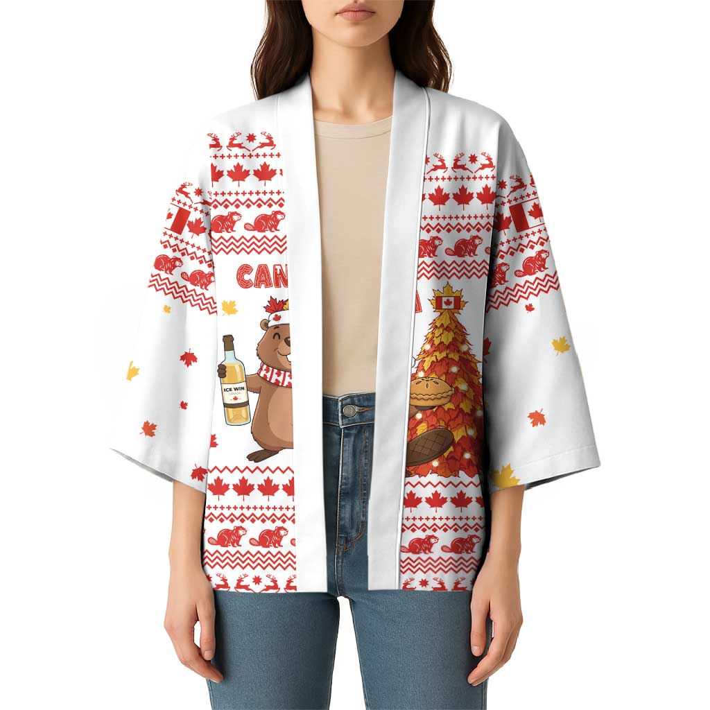 Canada Christmas Kimono with Beaver Maple Tree Ice Wine Pie and Red White Knit Pattern Design - Wonder Print Shop