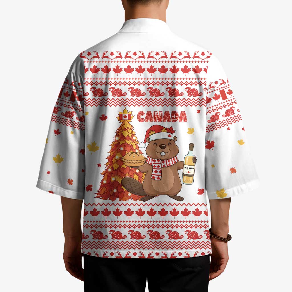 Canada Christmas Kimono with Beaver Maple Tree Ice Wine Pie and Red White Knit Pattern Design - Wonder Print Shop