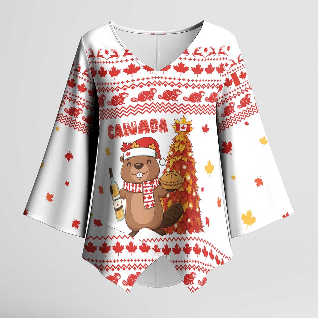 Canada Christmas Kimono Sleeve Blouse with Beaver Maple Tree Ice Wine Pie and Red White Knit Pattern Design - Wonder Print Shop