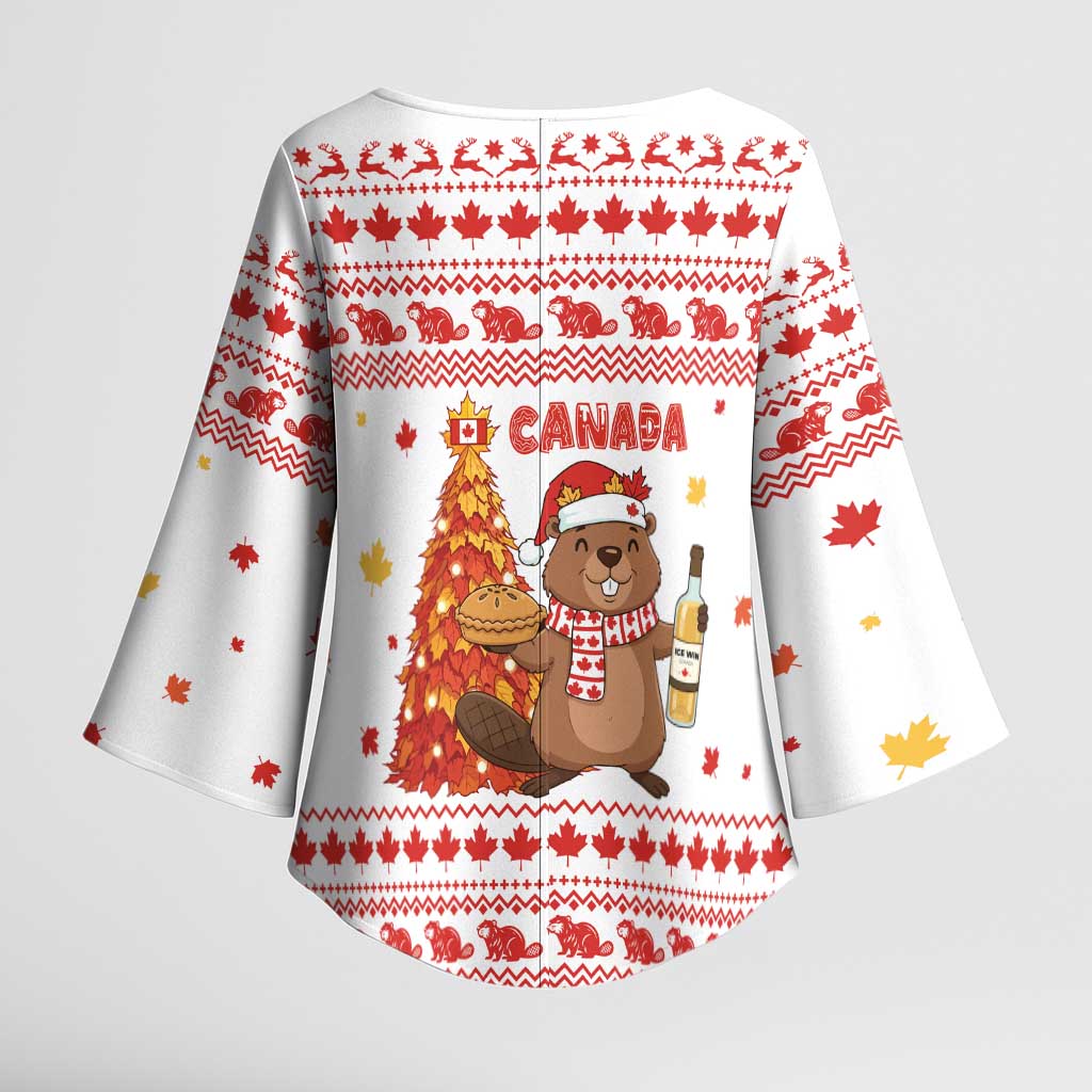 Canada Christmas Kimono Sleeve Blouse with Beaver Maple Tree Ice Wine Pie and Red White Knit Pattern Design - Wonder Print Shop