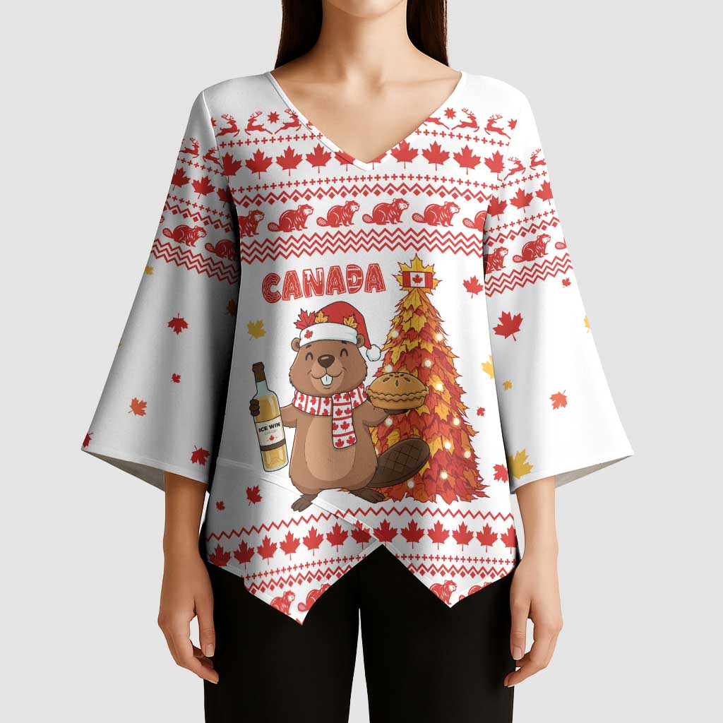 Canada Christmas Kimono Sleeve Blouse with Beaver Maple Tree Ice Wine Pie and Red White Knit Pattern Design - Wonder Print Shop