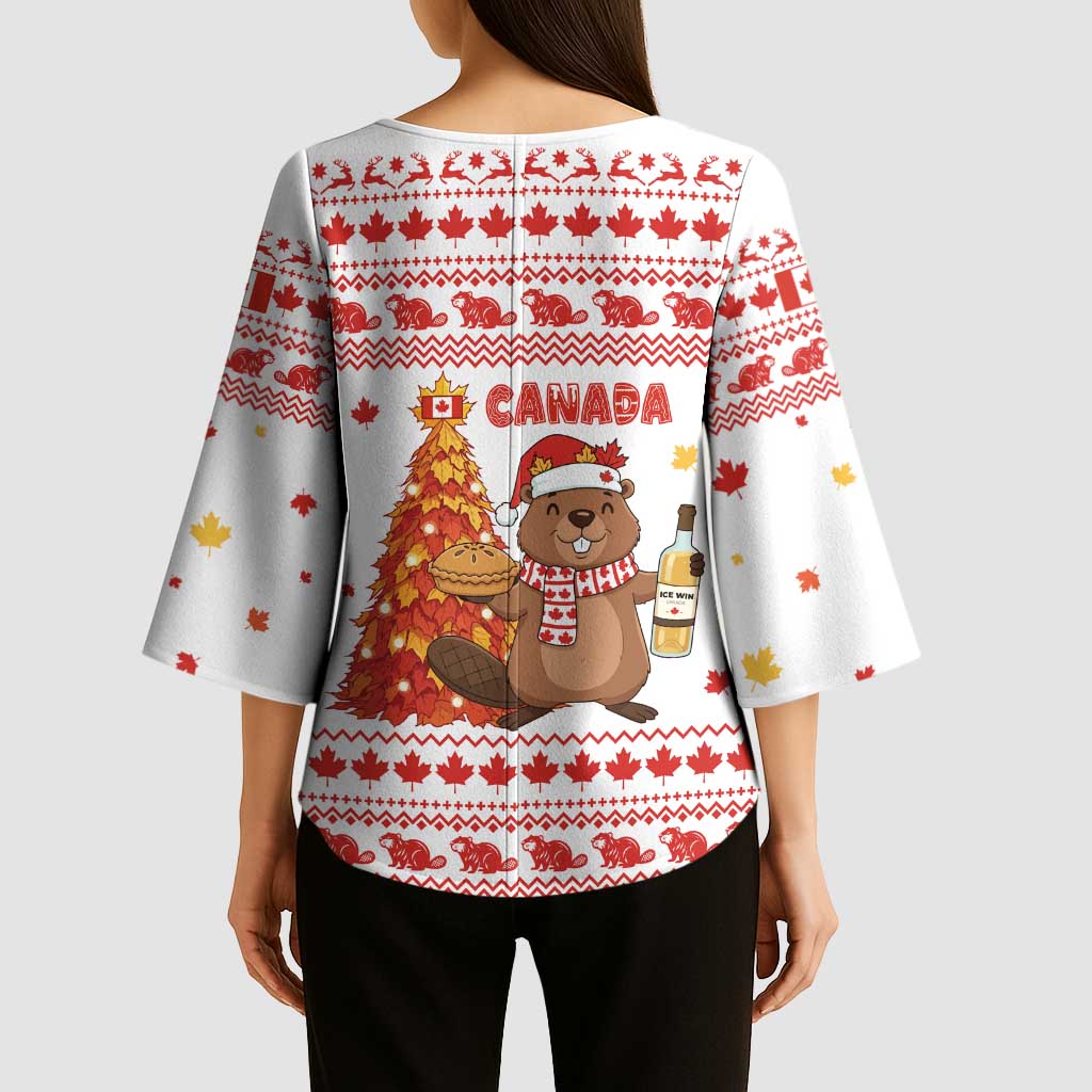 Canada Christmas Kimono Sleeve Blouse with Beaver Maple Tree Ice Wine Pie and Red White Knit Pattern Design - Wonder Print Shop