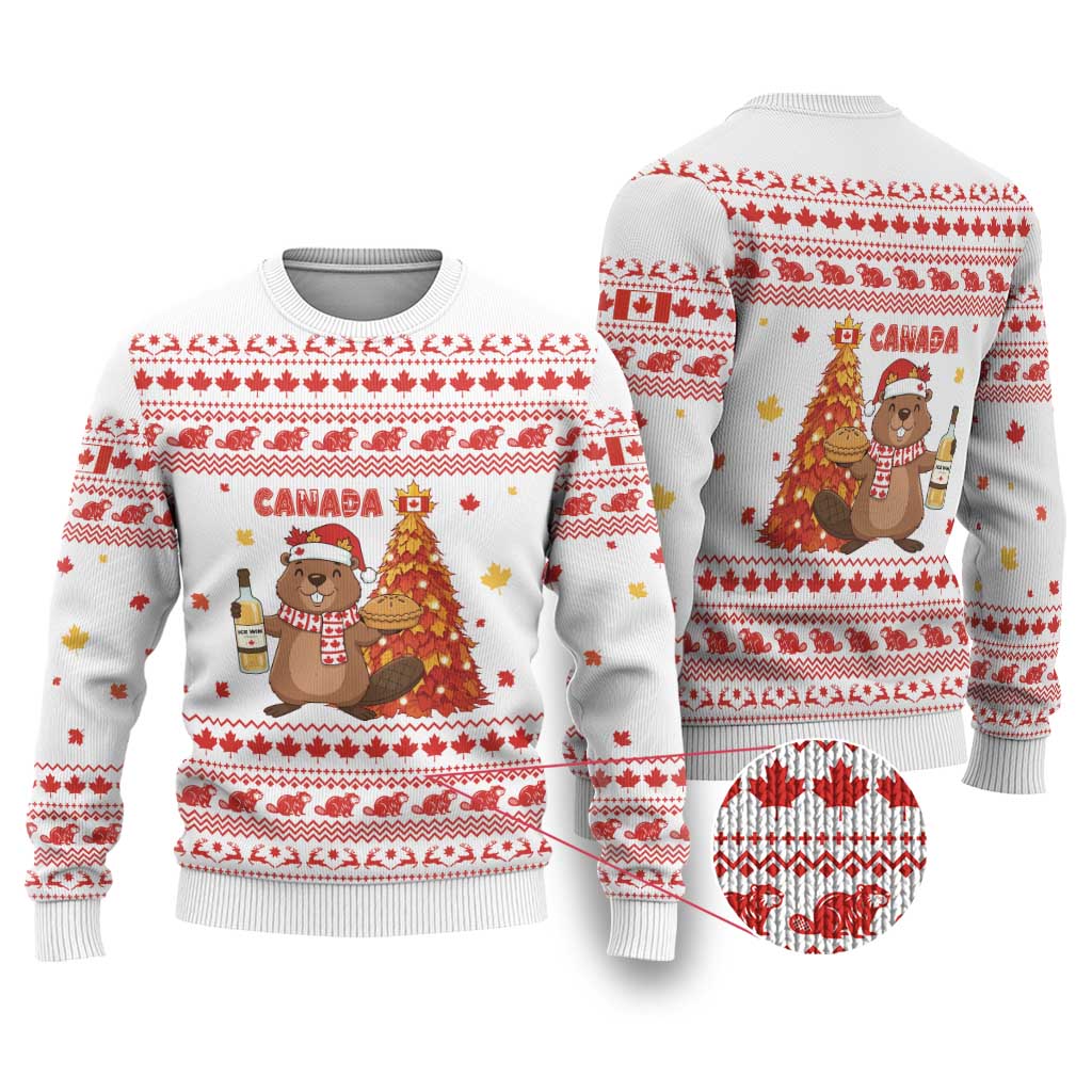 Canada Christmas Ugly Christmas Sweater with Beaver Maple Tree Ice Wine Pie and Red White Knit Pattern Design - Wonder Print Shop