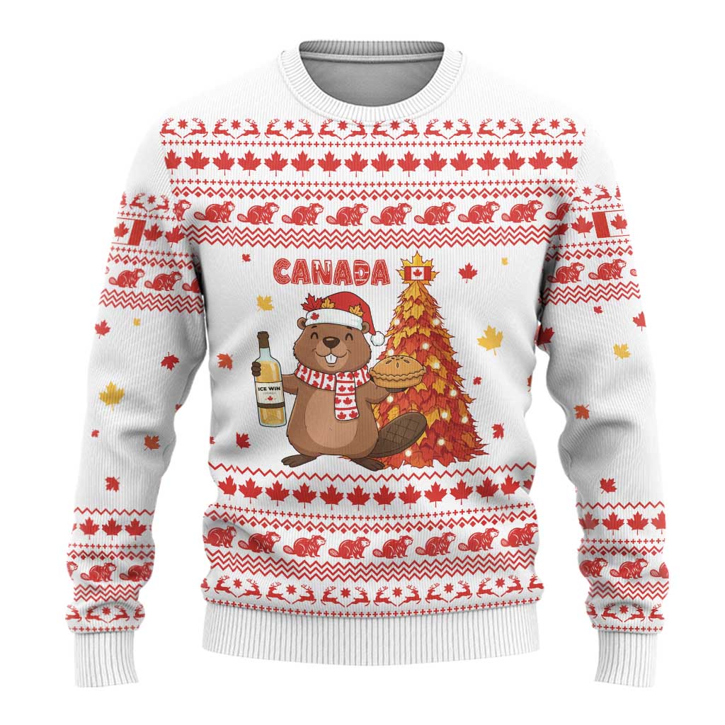 Canada Christmas Ugly Christmas Sweater with Beaver Maple Tree Ice Wine Pie and Red White Knit Pattern Design - Wonder Print Shop