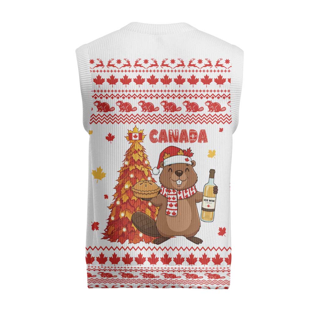 Canada Christmas Knitted V-Neck Vest with Beaver Maple Tree Ice Wine Pie and Red White Knit Pattern Design - Wonder Print Shop