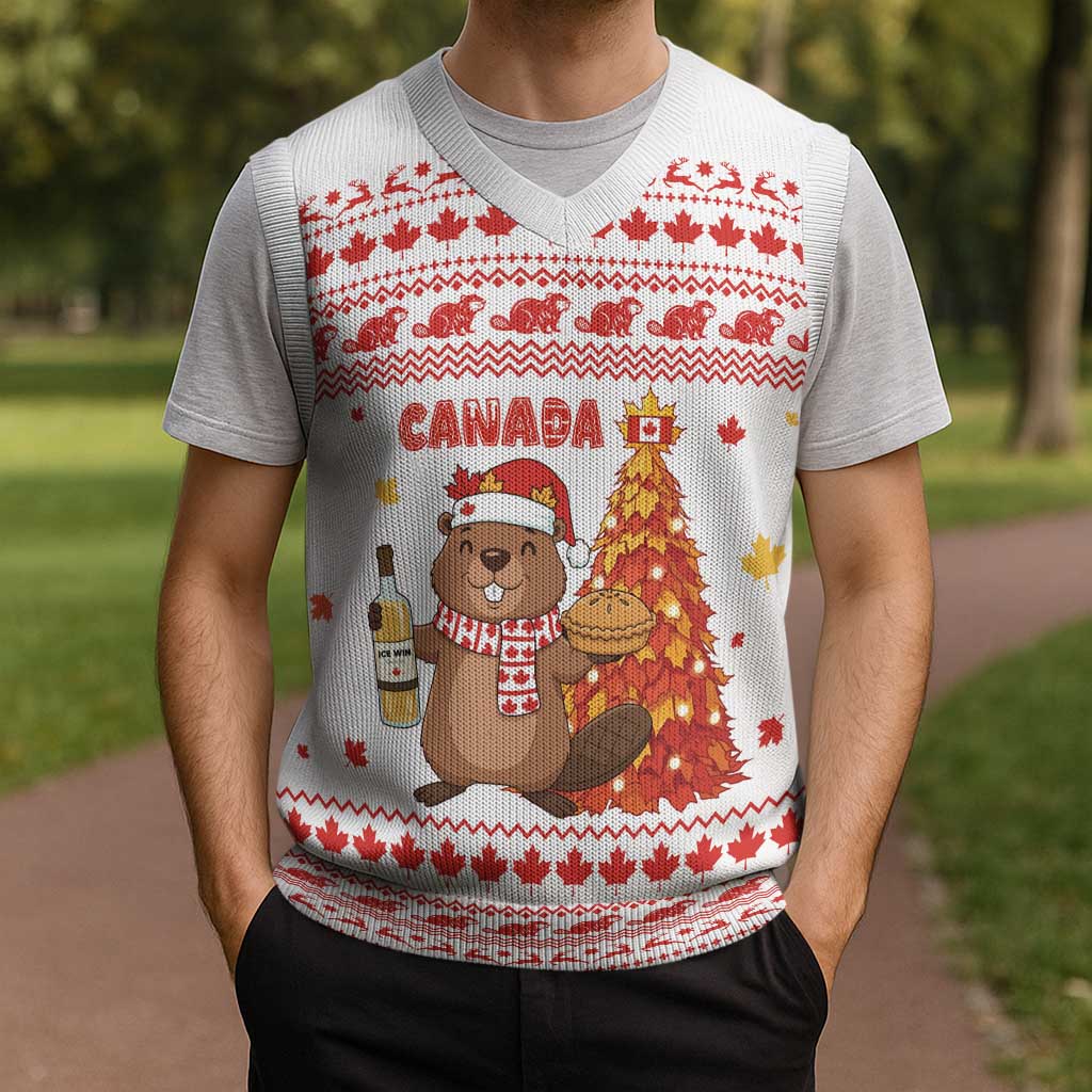 Canada Christmas Knitted V-Neck Vest with Beaver Maple Tree Ice Wine Pie and Red White Knit Pattern Design - Wonder Print Shop