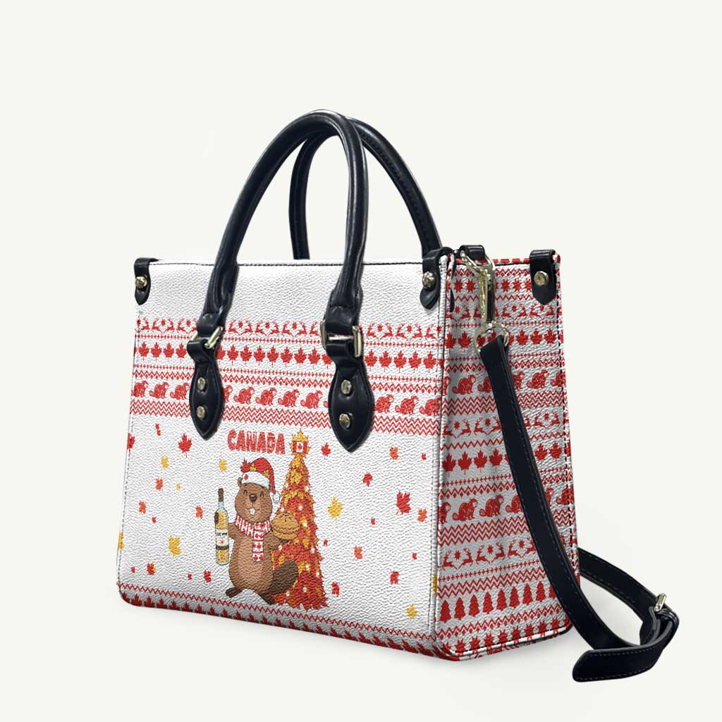 Canada Christmas Leather Bag with Beaver Maple Tree Ice Wine Pie and Red White Knit Pattern Design - Wonder Print Shop