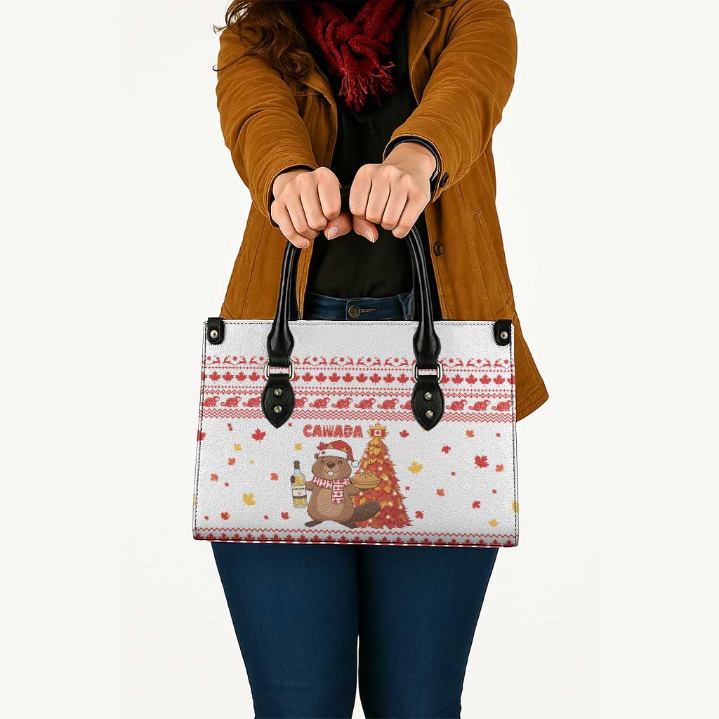 Canada Christmas Leather Bag with Beaver Maple Tree Ice Wine Pie and Red White Knit Pattern Design - Wonder Print Shop