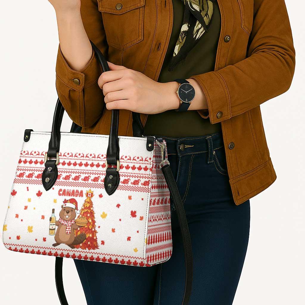 Canada Christmas Leather Bag with Beaver Maple Tree Ice Wine Pie and Red White Knit Pattern Design - Wonder Print Shop